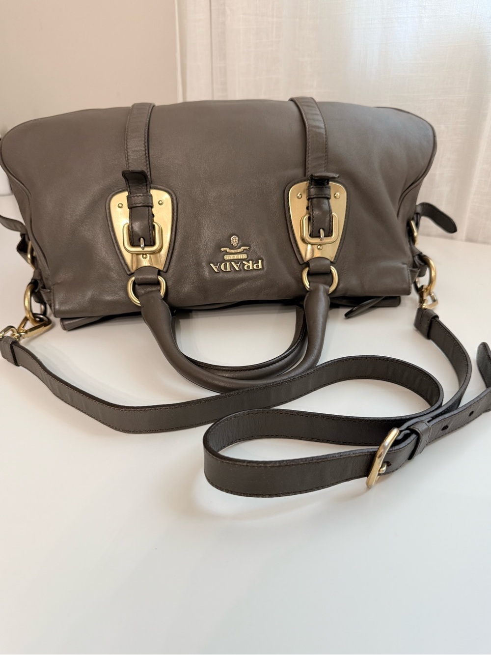 Prada Taupe Gray Leather Satchel Crossbody Bag with Gold Hardware Vitello Daino - Picture 4 of 15